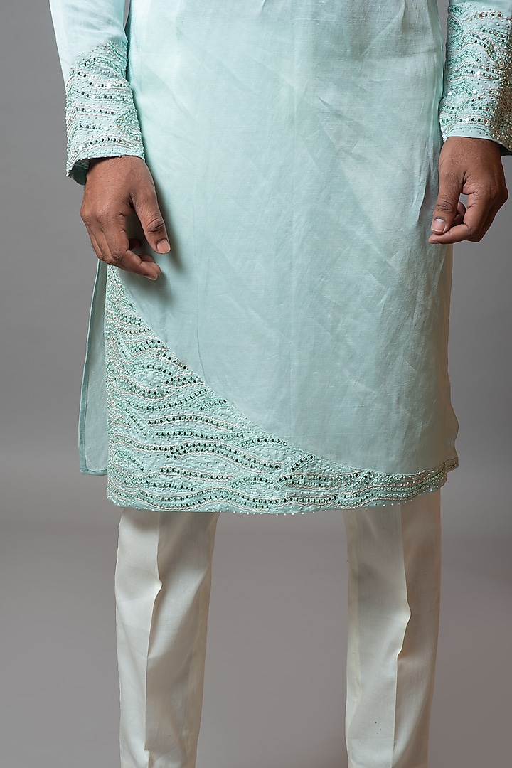 Ice Blue Linen Satin Kurta Set by PAARSH at Pernia's Pop Up Shop