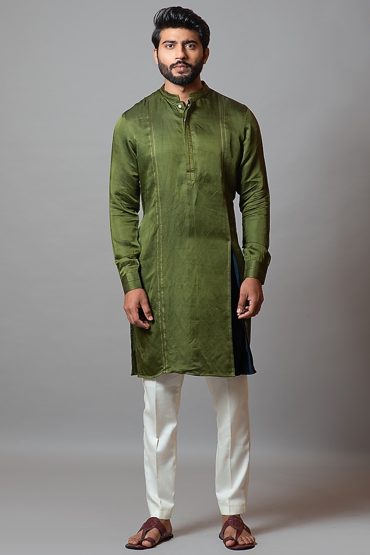 Olive Green Linen Satin Embroidered Box Pleated Kurta Set by PAARSH at Pernia's Pop Up Shop