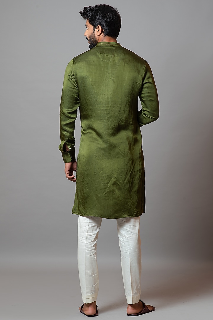 Olive Green Linen Satin Embroidered Box Pleated Kurta Set by PAARSH at Pernia's Pop Up Shop