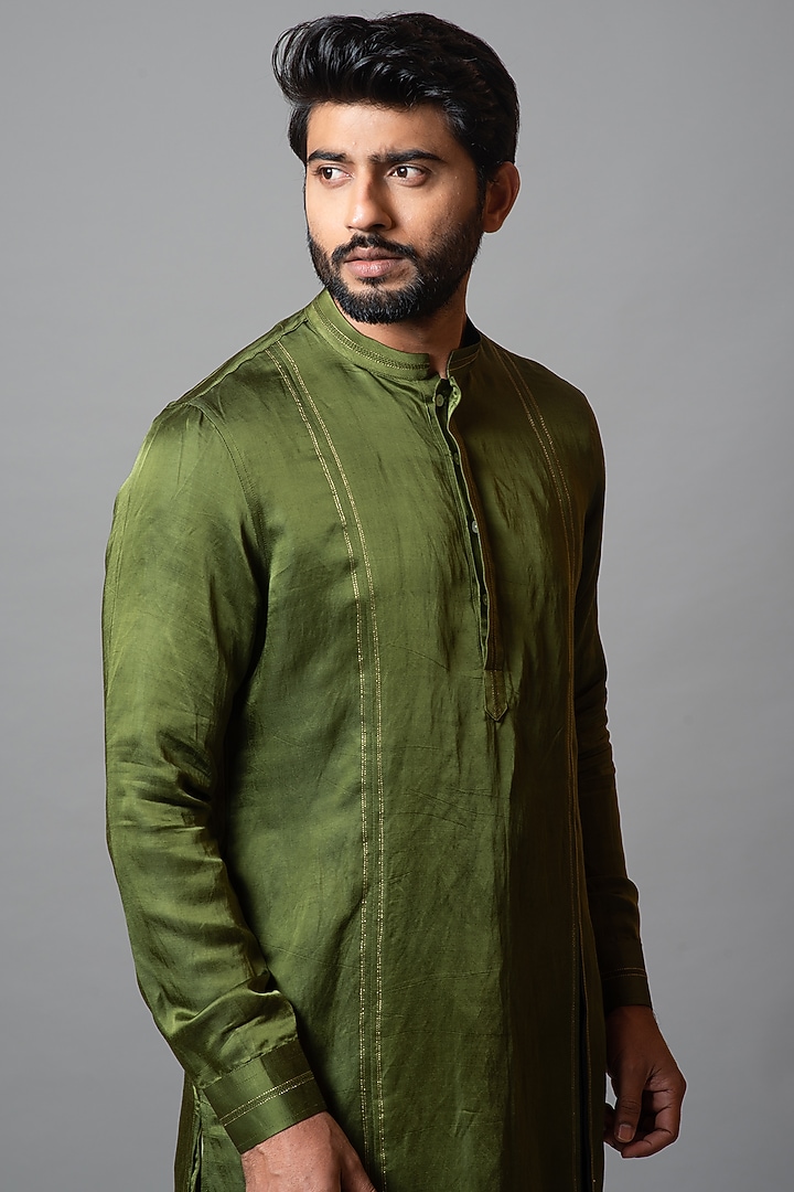 Olive Green Linen Satin Embroidered Box Pleated Kurta Set by PAARSH at Pernia's Pop Up Shop