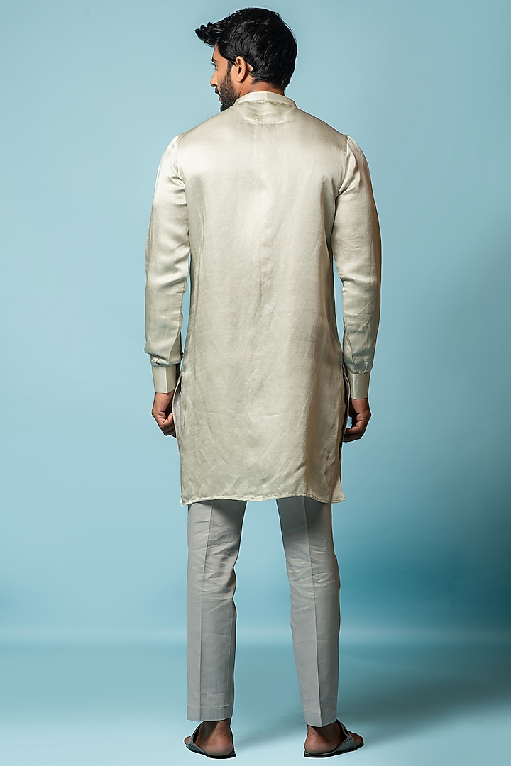 Shrinking Grey Linen Satin Resham Work Kurta Set by PAARSH at Pernia's Pop Up Shop