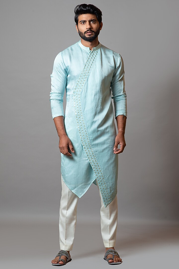 Tropical Breeze Linen Satin Embroidered Kurta Set by PAARSH at Pernia's Pop Up Shop