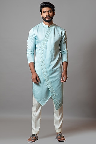 Tropical Breeze Linen Satin Embroidered Kurta Set by PAARSH