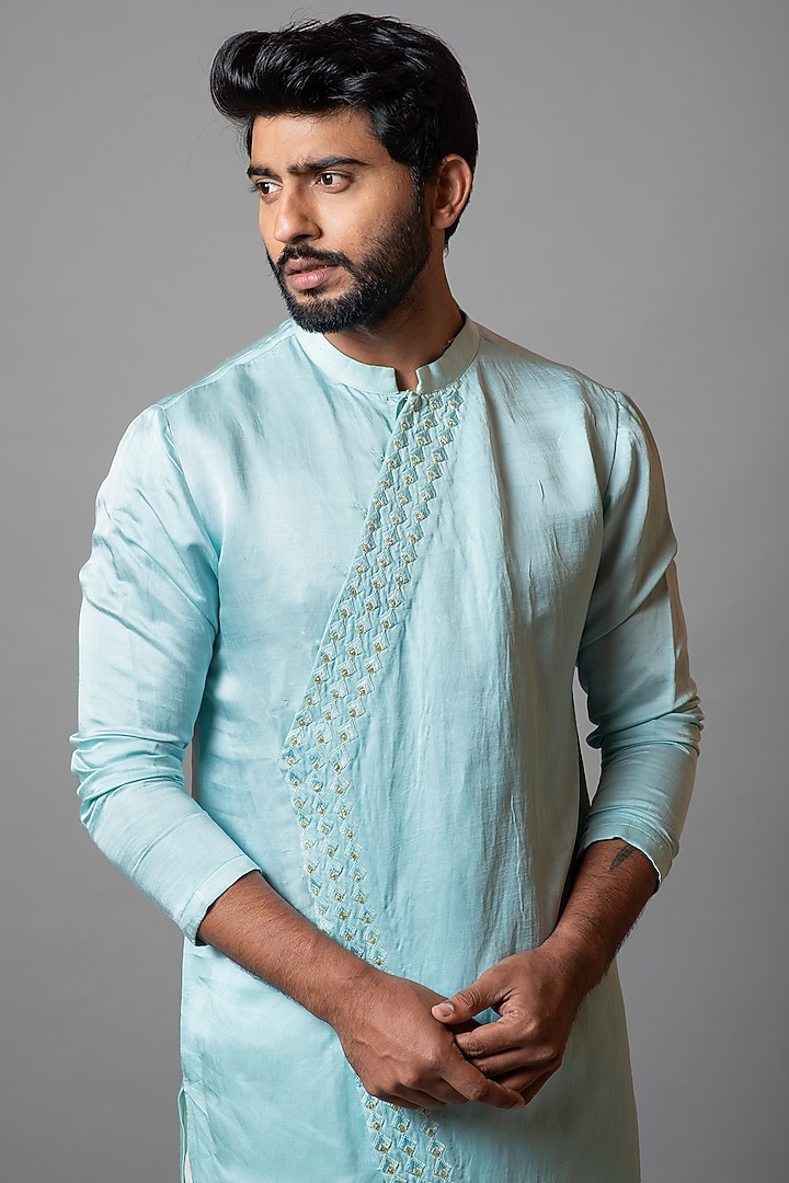 Tropical Breeze Linen Satin Embroidered Kurta Set by PAARSH at Pernia's Pop Up Shop