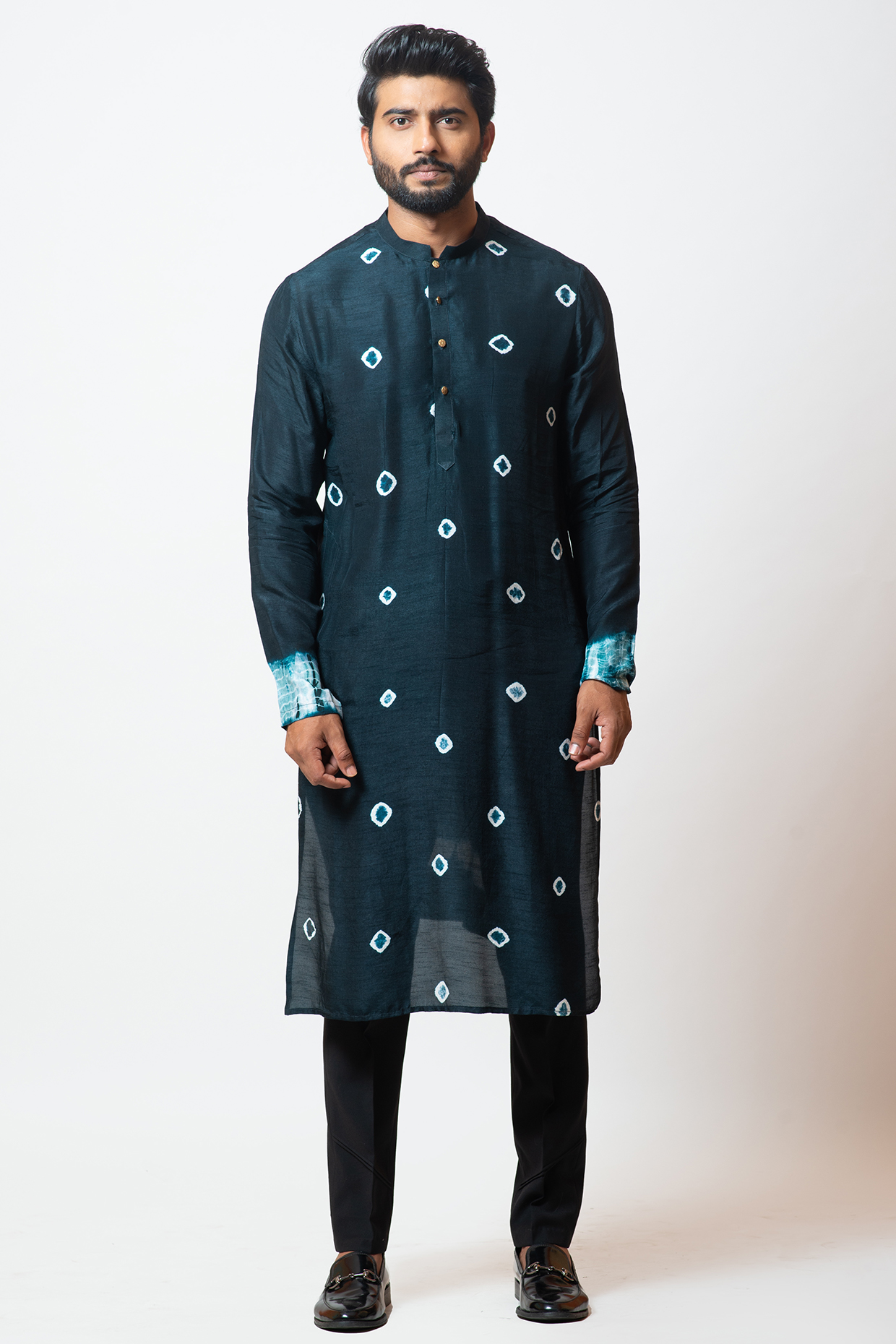 Algae Green Bamberg Silk Bandhej Printed Kurta Set by PAARSH at Pernia's Pop Up Shop