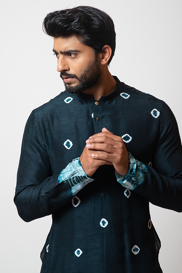 Algae Green Bamberg Silk Bandhej Printed Kurta Set by PAARSH at Pernia's Pop Up Shop