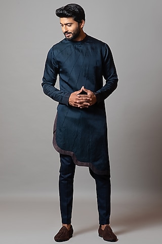 True Blue Linen Satin Kurta Set by PAARSH