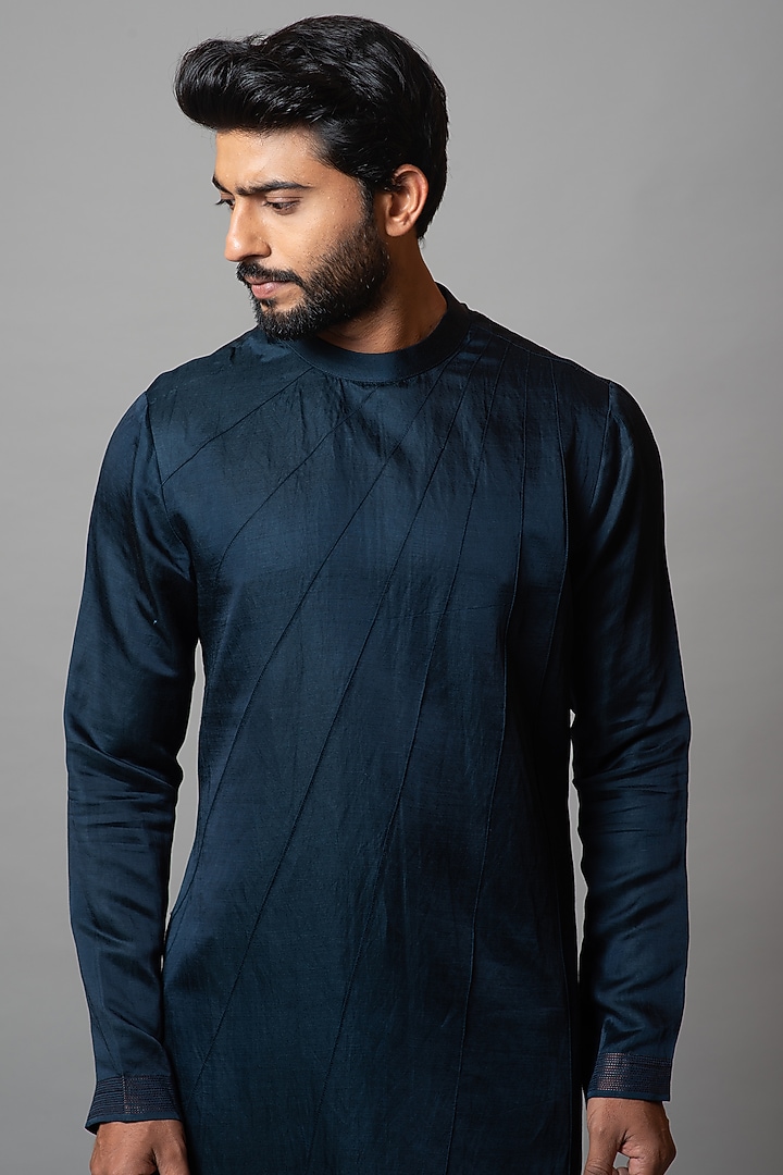 True Blue Linen Satin Kurta Set by PAARSH at Pernia's Pop Up Shop