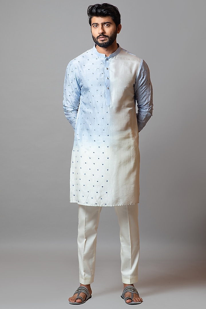 Dandelion Yellow & Pristine White Linen Satin Kurta Set by PAARSH at Pernia's Pop Up Shop