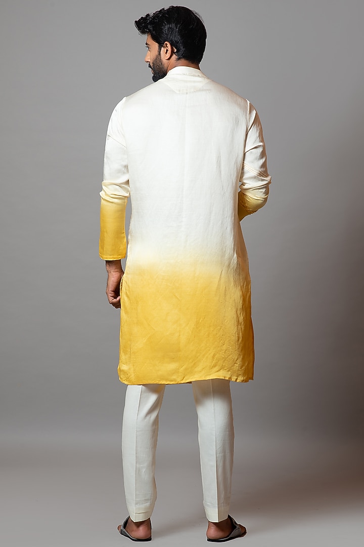 Dandelion Yellow & Pristine White Linen Satin Kurta Set by PAARSH at Pernia's Pop Up Shop
