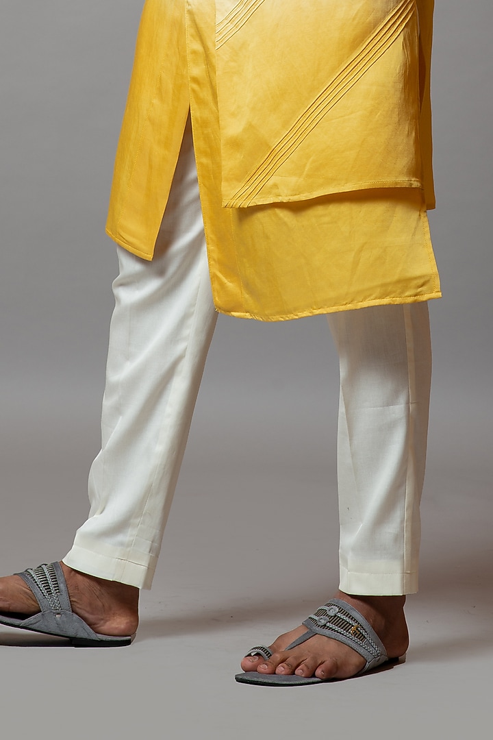 Dandelion Yellow & Pristine White Linen Satin Kurta Set by PAARSH at Pernia's Pop Up Shop