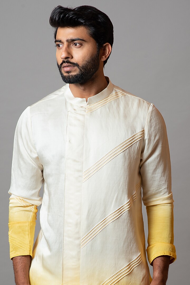 Dandelion Yellow & Pristine White Linen Satin Kurta Set by PAARSH at Pernia's Pop Up Shop