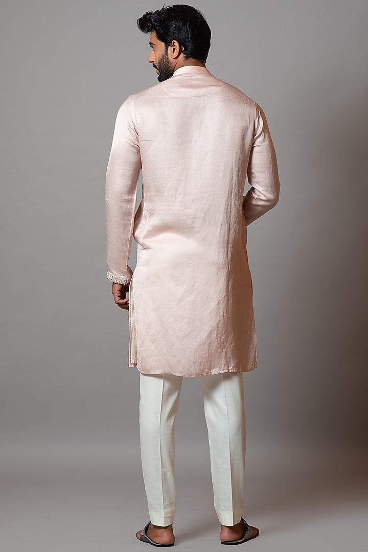 Salmon Pink Linen Satin Kurta Set by PAARSH at Pernia's Pop Up Shop