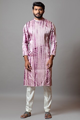 Pink Lavender & Royal Purple Linen Satin Printed Kurta Set by PAARSH