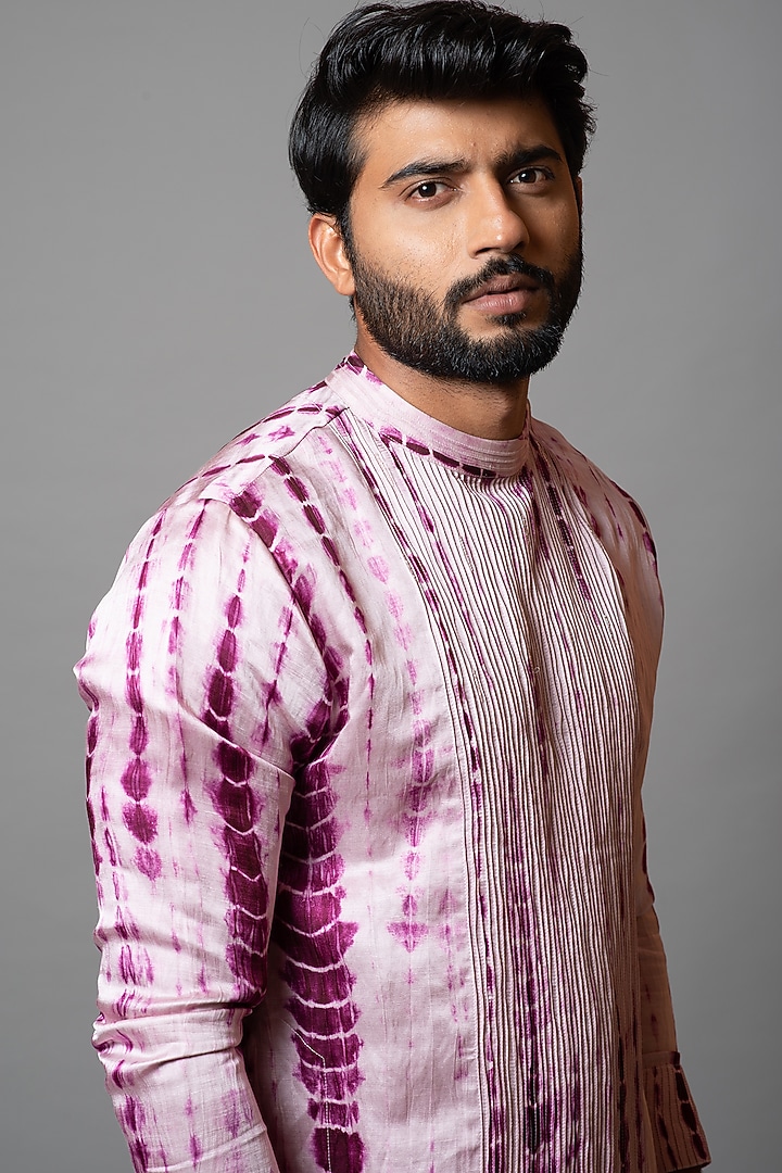 Pink Lavender & Royal Purple Linen Satin Printed Kurta Set by PAARSH at Pernia's Pop Up Shop