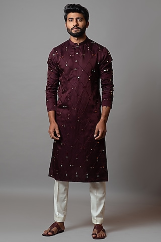 Ruby Wine Linen Satin Printed Kurta Set by PAARSH