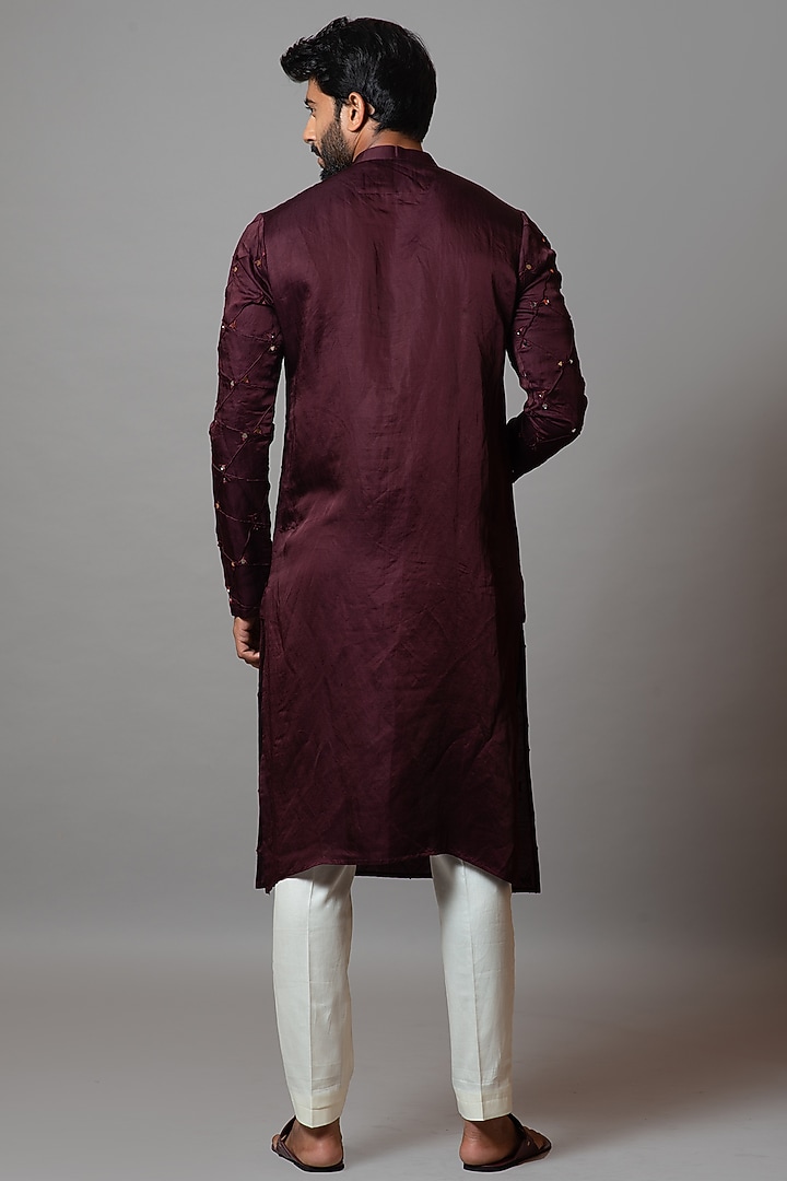 Ruby Wine Linen Satin Printed Kurta Set by PAARSH at Pernia's Pop Up Shop