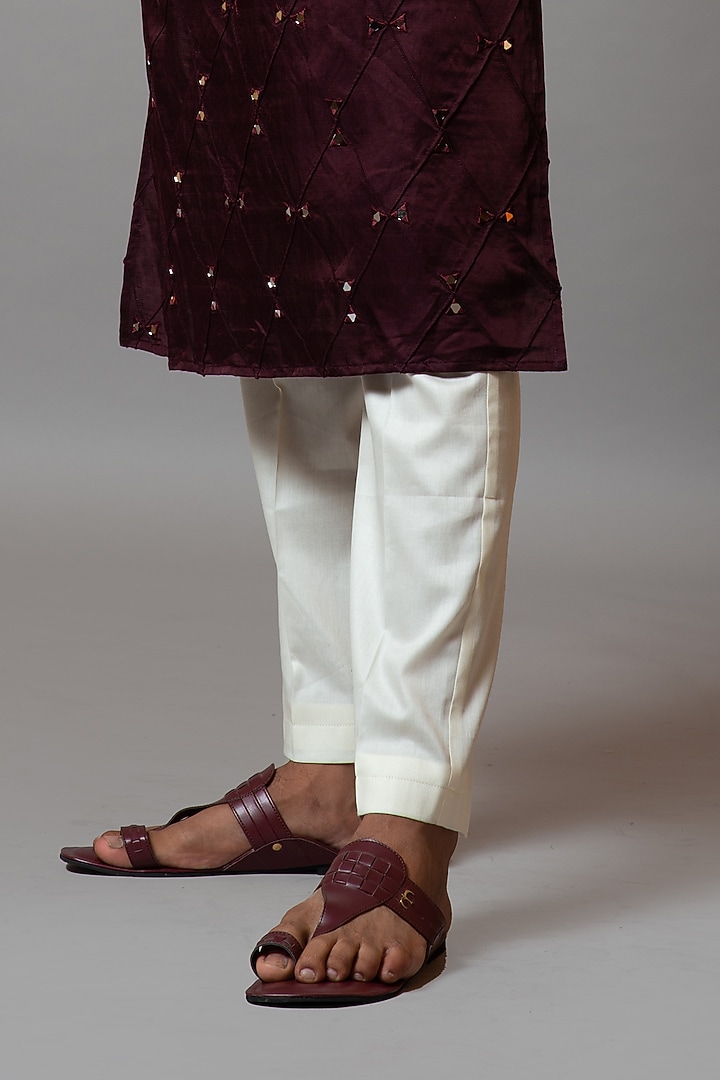Ruby Wine Linen Satin Printed Kurta Set by PAARSH at Pernia's Pop Up Shop