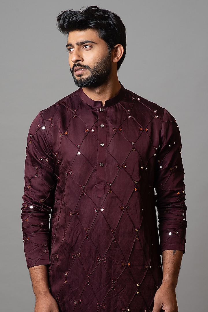 Ruby Wine Linen Satin Printed Kurta Set by PAARSH at Pernia's Pop Up Shop