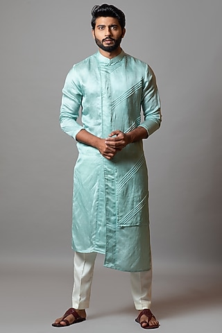 Aquamarine Linen Satin Kurta Set by PAARSH