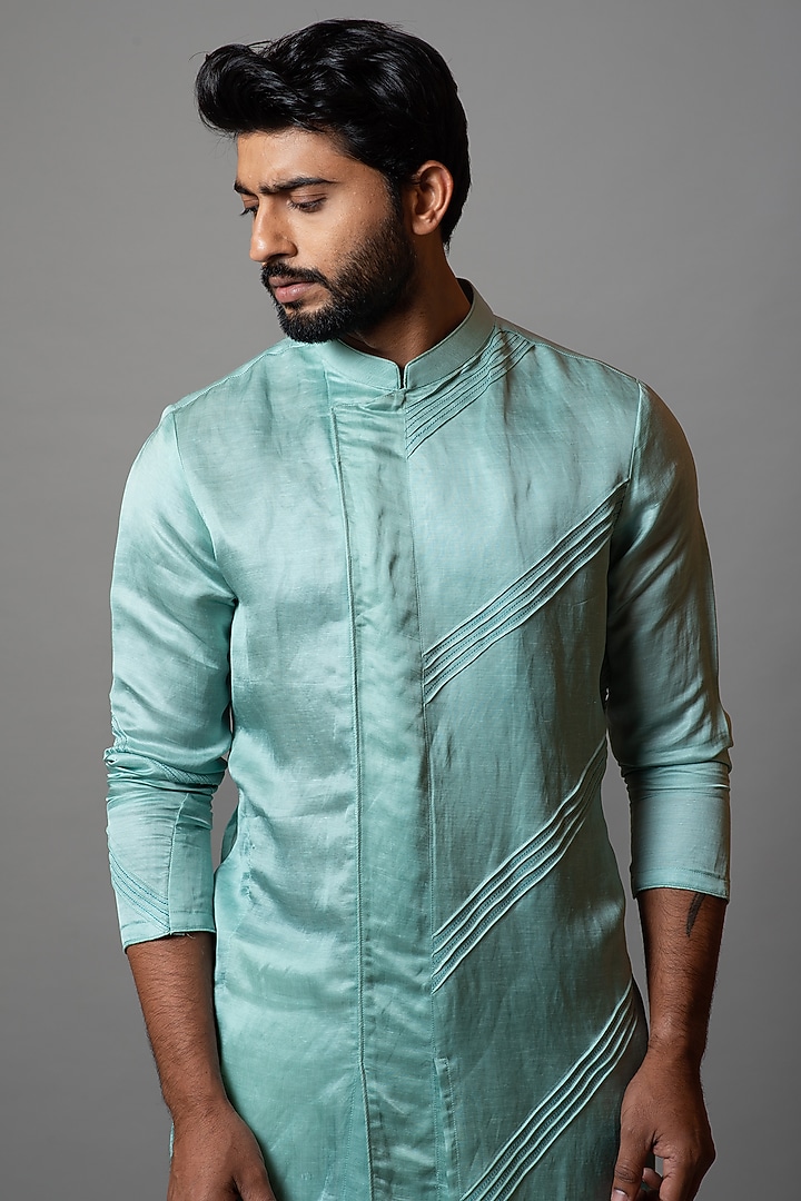 Aquamarine Linen Satin Kurta Set by PAARSH at Pernia's Pop Up Shop