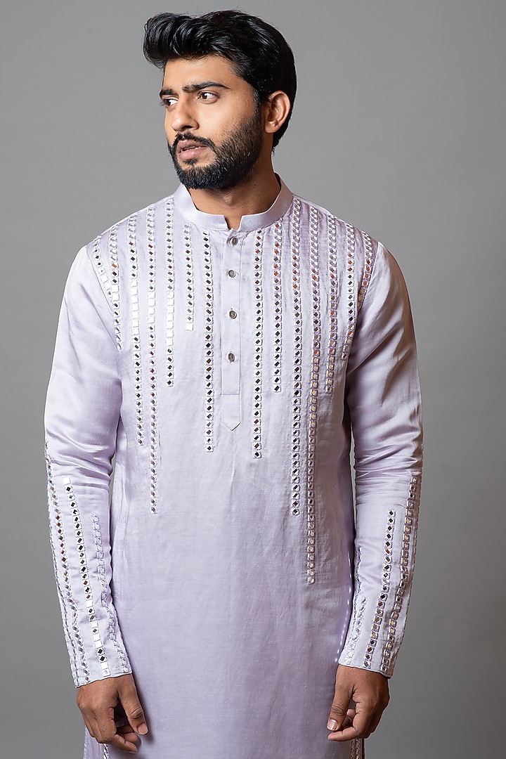 Baby Lavender Bemberg Silk Mirror Work Kurta Set by PAARSH at Pernia's Pop Up Shop