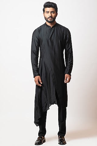 Phantom Black Silk Kurta Set by PAARSH
