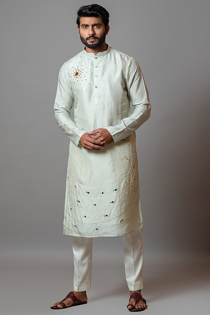 Iced Aqua Mirror Embroidered Kurta Set by PAARSH