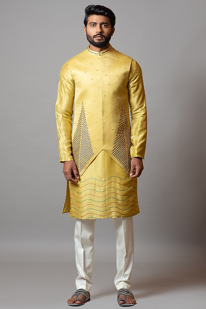 Mustard Yellow Embroidered Bundi Jacket by PAARSH at Pernia's Pop Up Shop