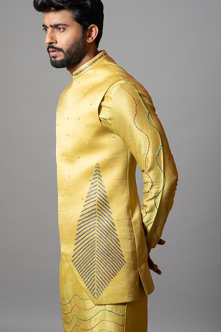 Mustard Yellow Embroidered Bundi Jacket by PAARSH at Pernia's Pop Up Shop