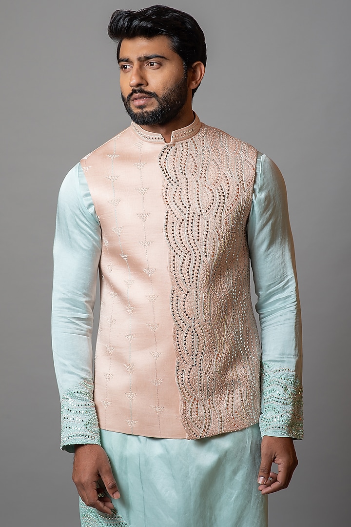 Rose Pink Linen Satin Mirror Embroidered Bundi Jacket by PAARSH at Pernia's Pop Up Shop