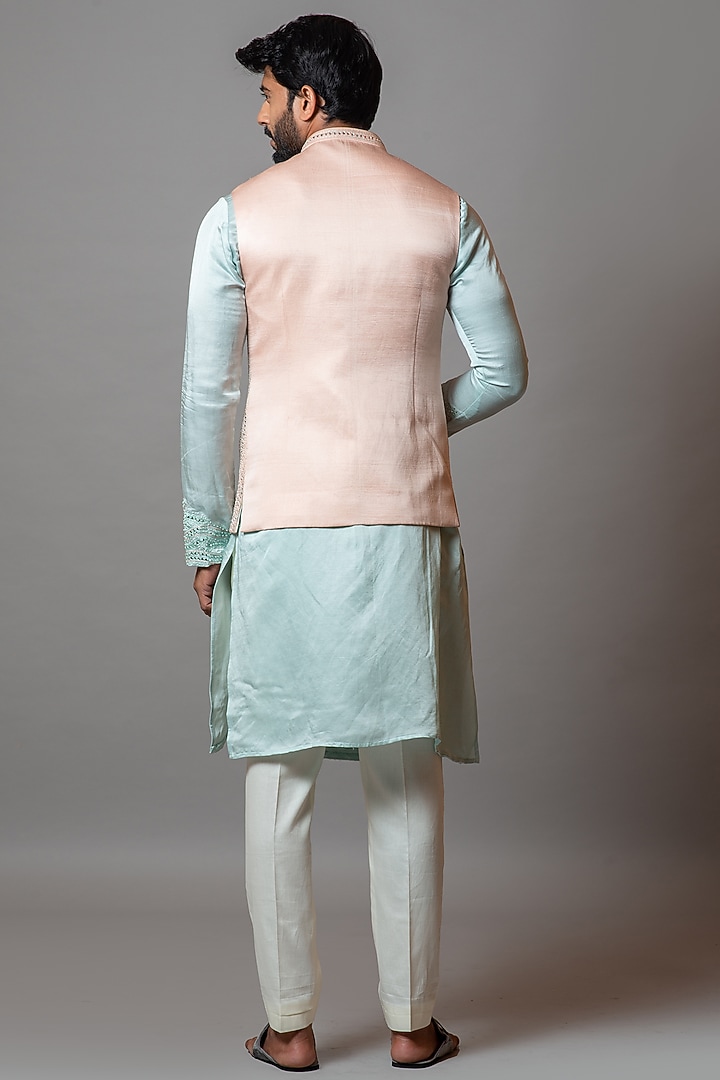 Rose Pink Linen Satin Mirror Embroidered Bundi Jacket by PAARSH at Pernia's Pop Up Shop