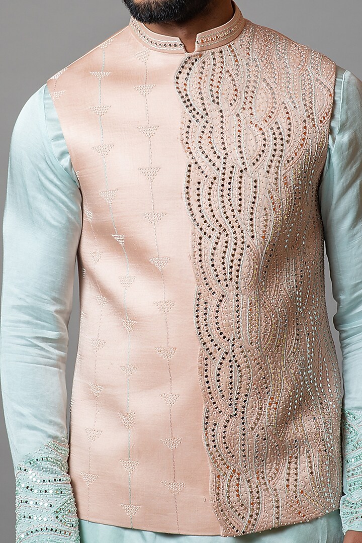 Rose Pink Linen Satin Mirror Embroidered Bundi Jacket by PAARSH at Pernia's Pop Up Shop