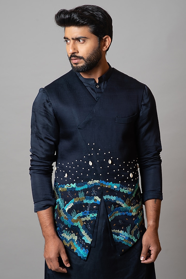 Navy Peony Linen Satin Pearls & Thread Embroidered Bundi Jacket by PAARSH at Pernia's Pop Up Shop