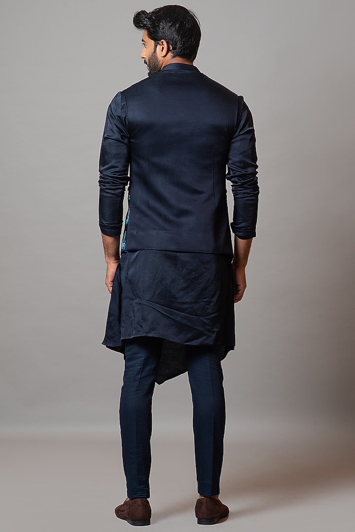 Navy Peony Linen Satin Pearls & Thread Embroidered Bundi Jacket by PAARSH at Pernia's Pop Up Shop