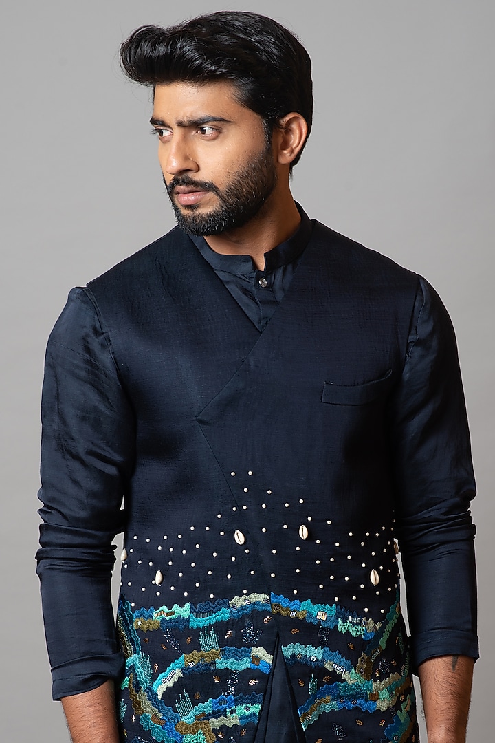 Navy Peony Linen Satin Pearls & Thread Embroidered Bundi Jacket by PAARSH at Pernia's Pop Up Shop