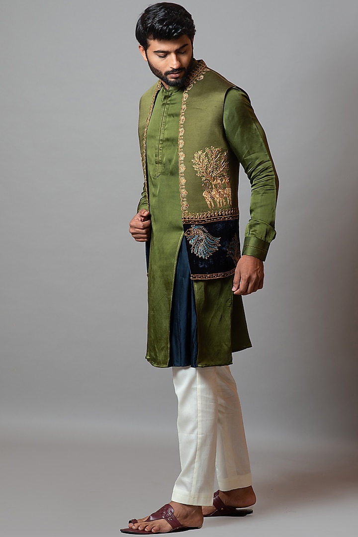 Olive Green Linen Satin Embroidered Indowestern Jacket by PAARSH