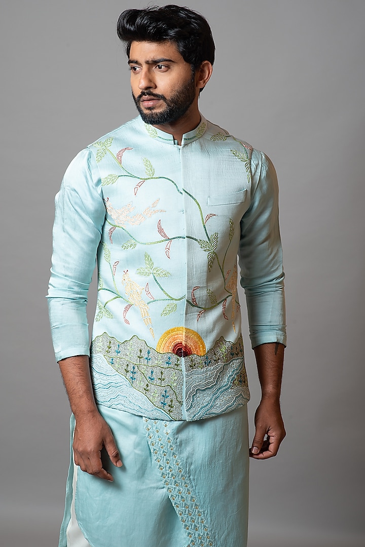 Tropical Breeze Linen Satin Embroidered Bundi Jacket by PAARSH at Pernia's Pop Up Shop
