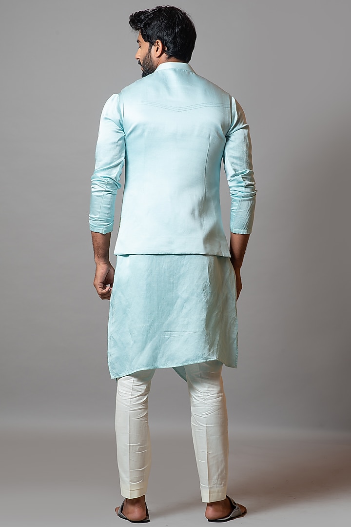 Tropical Breeze Linen Satin Embroidered Bundi Jacket by PAARSH at Pernia's Pop Up Shop
