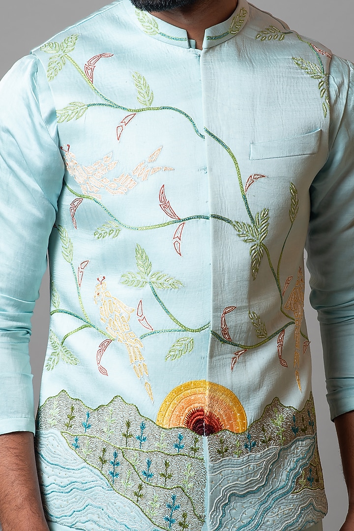 Tropical Breeze Linen Satin Embroidered Bundi Jacket by PAARSH at Pernia's Pop Up Shop
