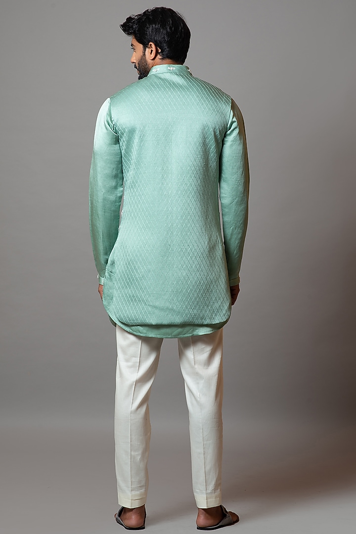Spa Retreat Blue Linen Satin Dabka Embroidered Bundi Jacket by PAARSH at Pernia's Pop Up Shop