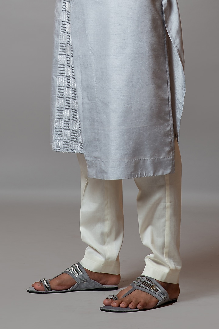 Light Grey Linen Satin Pearl Embroidered Bundi Jacket Set by PAARSH at Pernia's Pop Up Shop