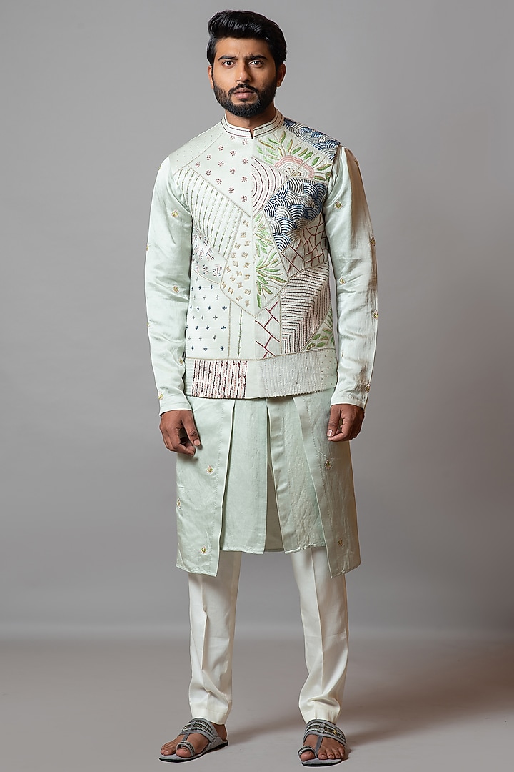 Glass Green Linen Satin Embroidered Bundi Jacket Set by PAARSH at Pernia's Pop Up Shop