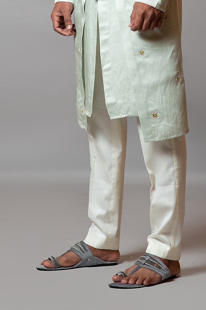 Glass Green Linen Satin Embroidered Bundi Jacket Set by PAARSH at Pernia's Pop Up Shop