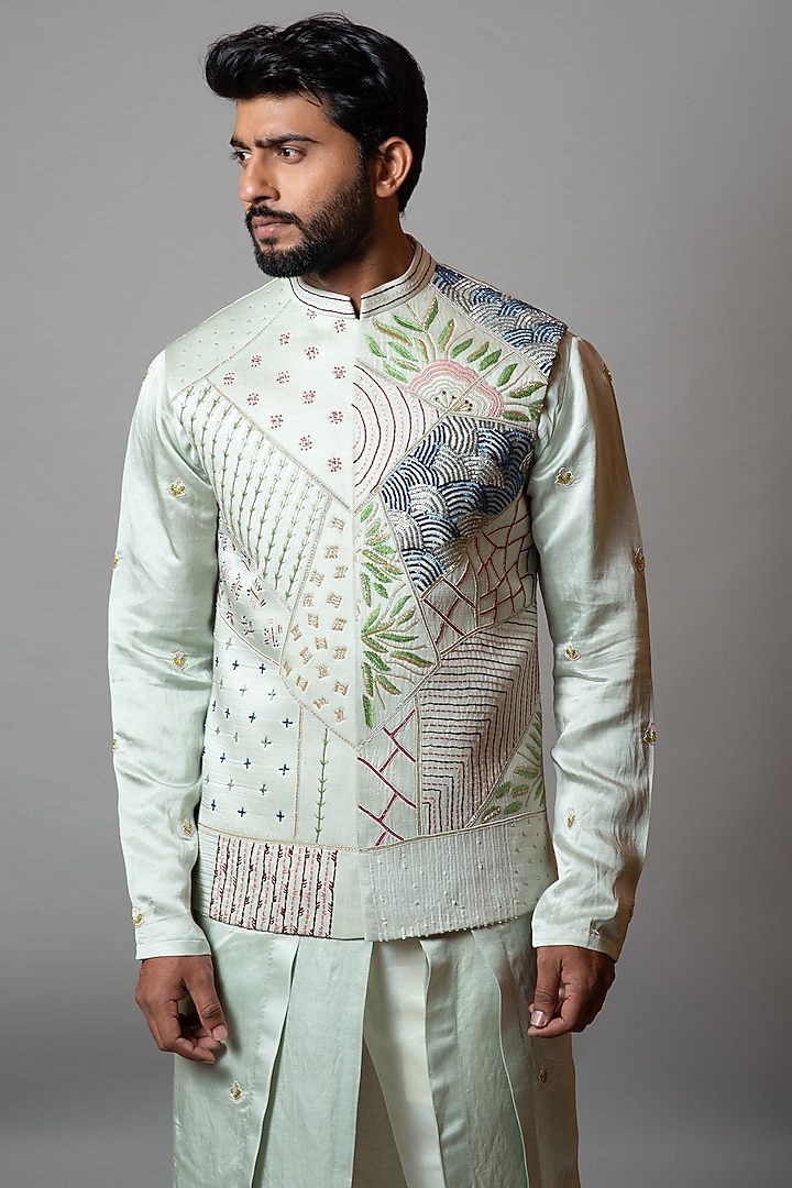 Glass Green Linen Satin Embroidered Bundi Jacket Set by PAARSH at Pernia's Pop Up Shop