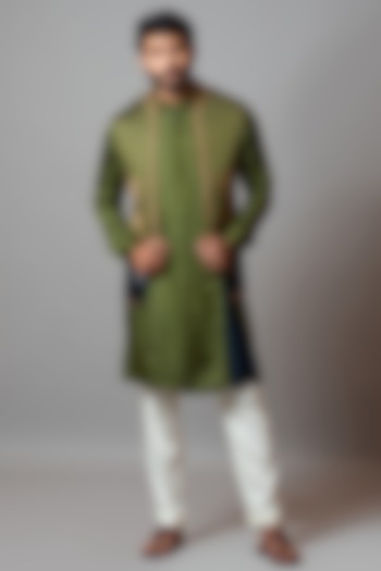 Olive Green Linen Satin Indowestern Set by PAARSH
