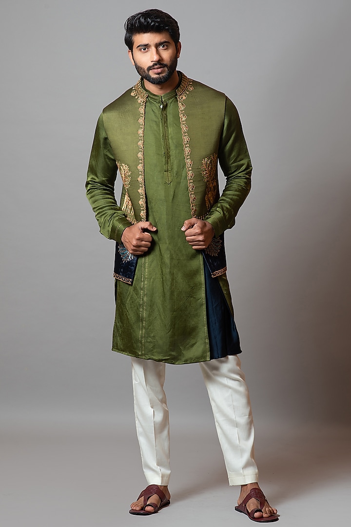 Olive Green Linen Satin Indowestern Set by PAARSH