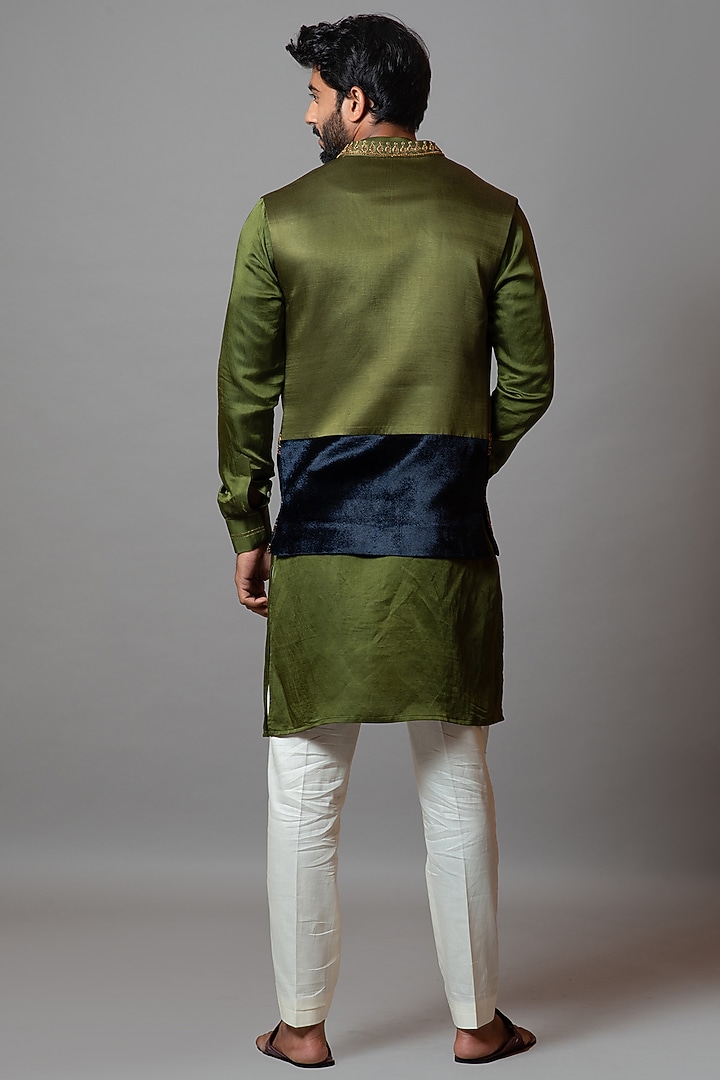 Olive Green Linen Satin Wedding Indowestern Set by PAARSH at Pernia's Pop Up Shop