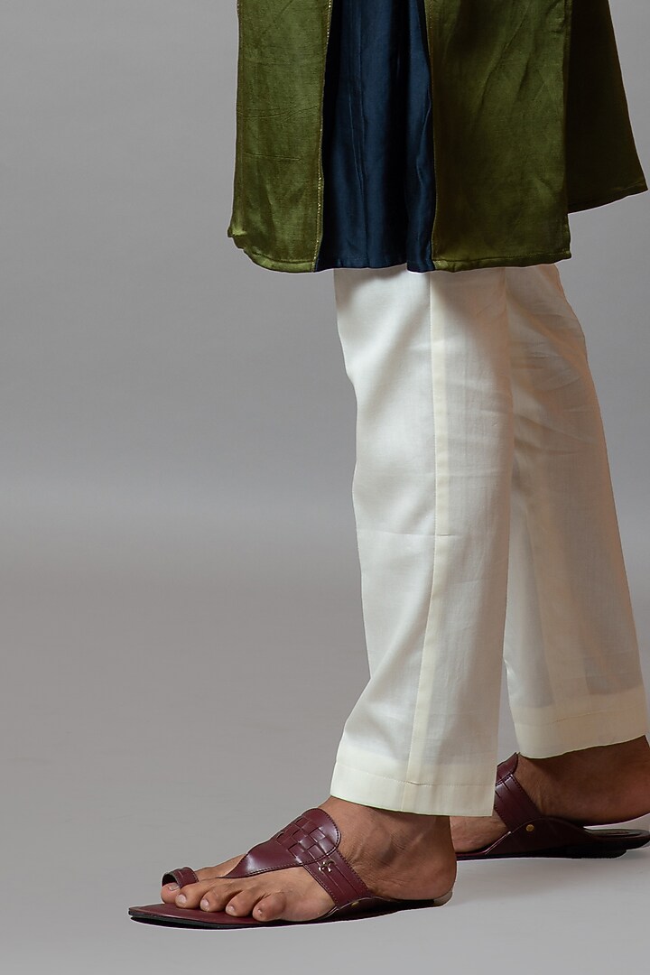 Olive Green Linen Satin Wedding Indowestern Set by PAARSH at Pernia's Pop Up Shop