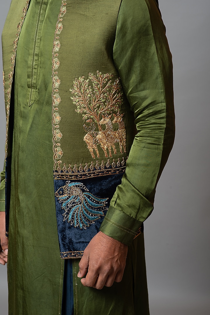 Olive Green Linen Satin Wedding Indowestern Set by PAARSH at Pernia's Pop Up Shop
